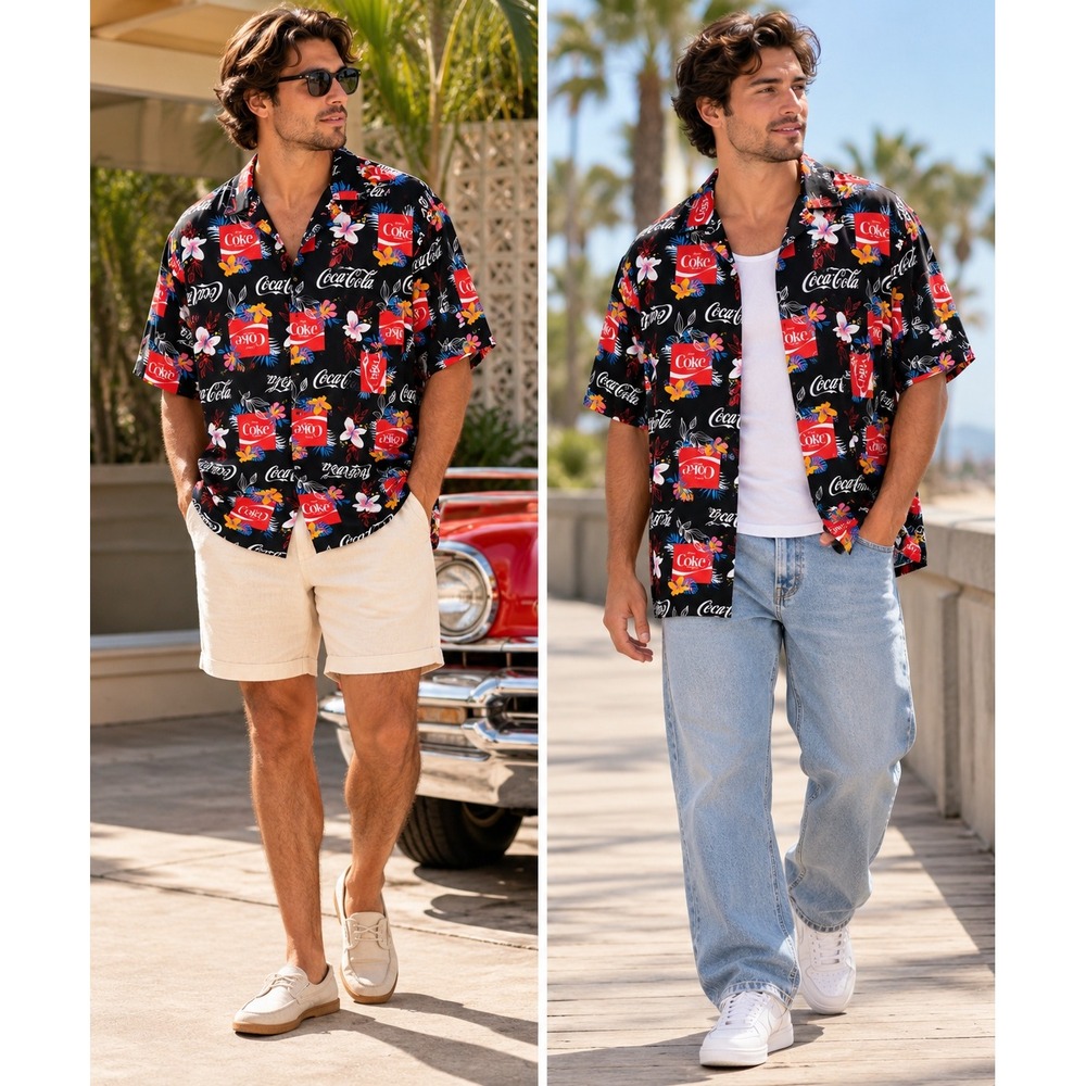 Coca-Cola Shirt Button Down Tropical Floral Rayon XXL